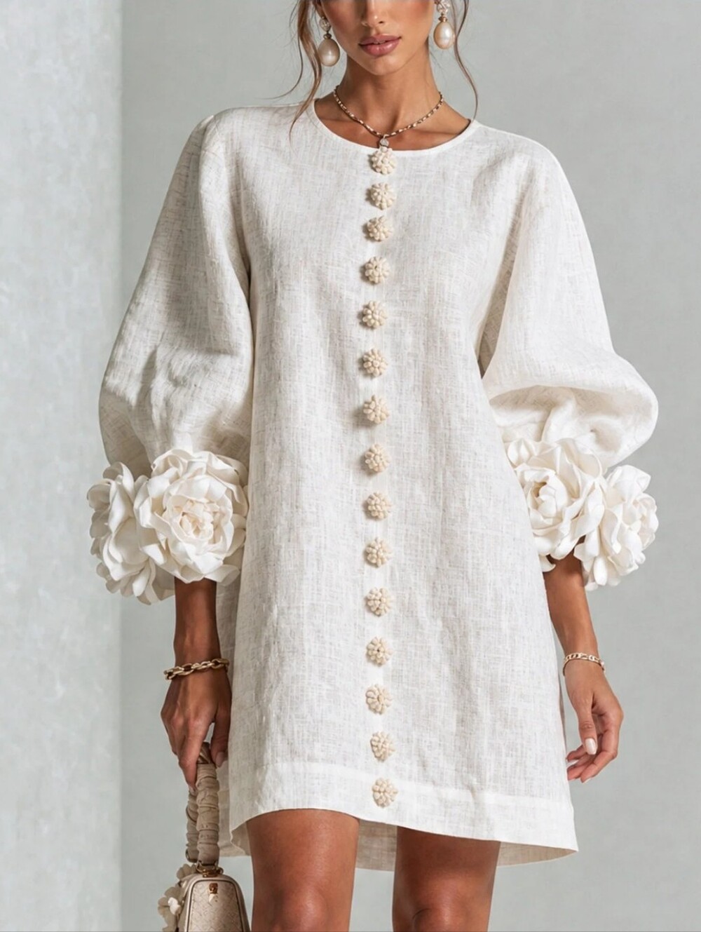 Georgeous and Elegant Cream Floral-Sleeve Shift Dress with Flower Buttons.
